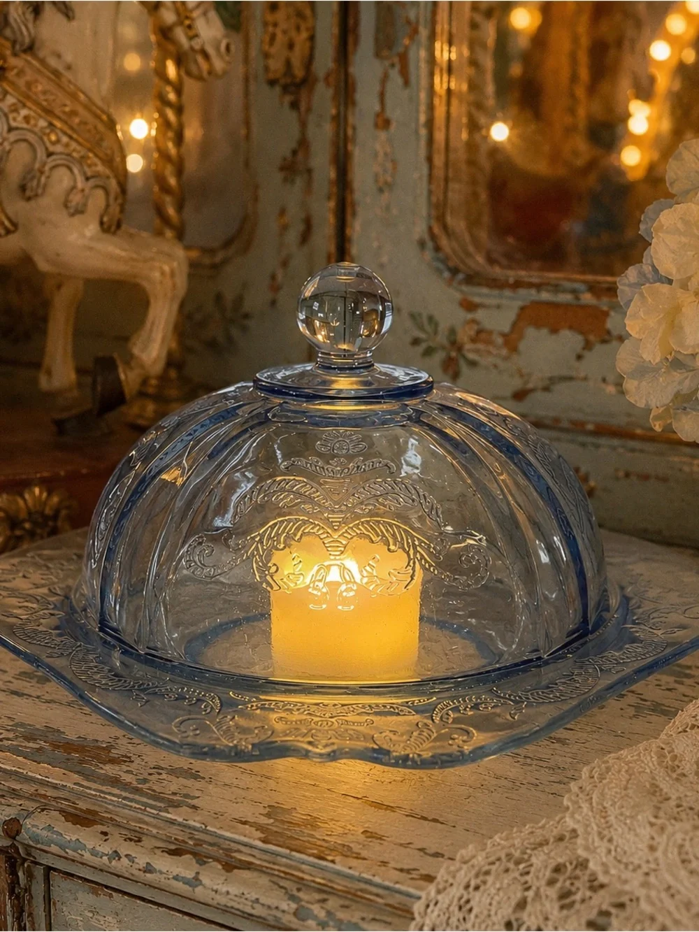 Vintage Blue Depression Glass Madrid Butter Dish Fairy Lamp